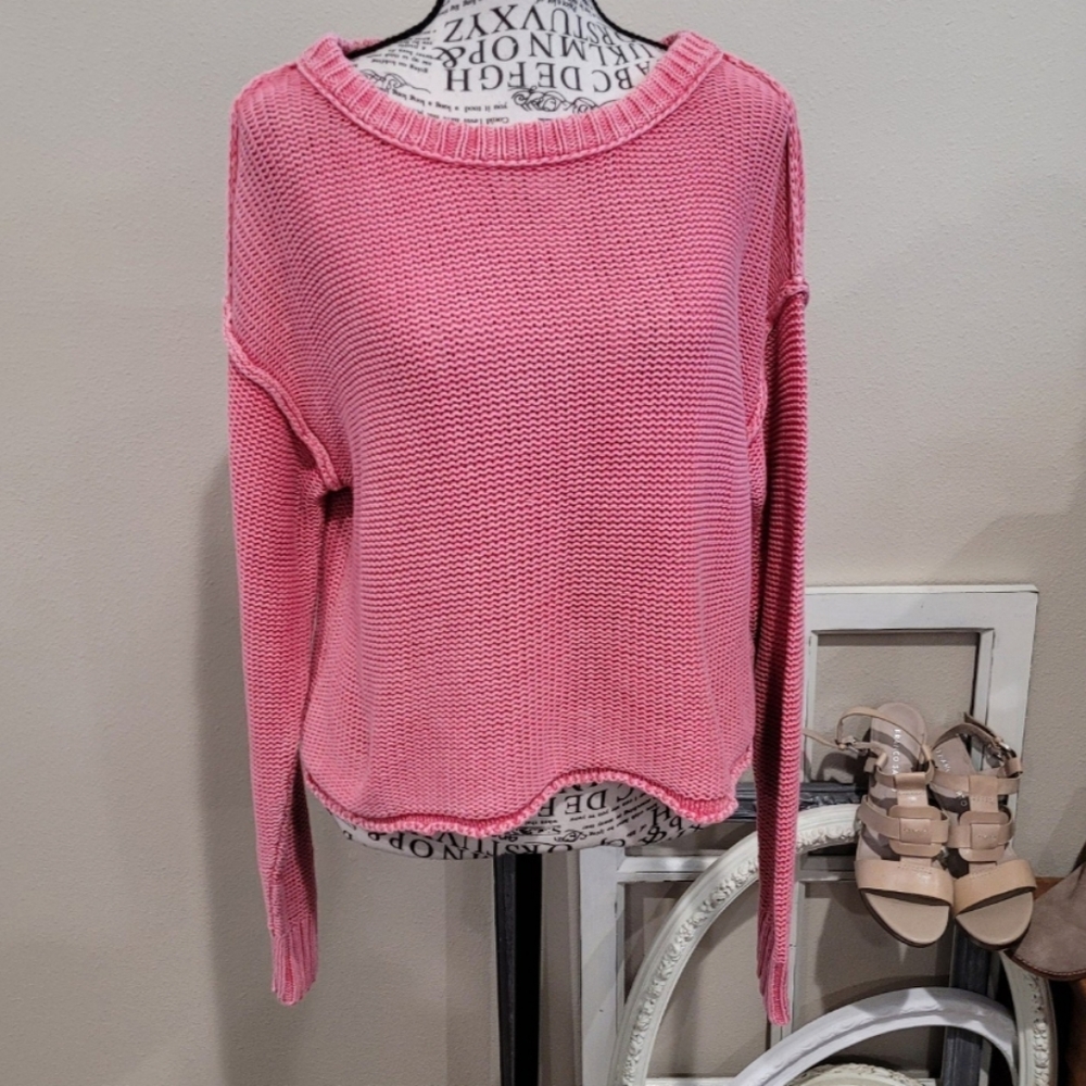American Eagle Womens SZ XS‎ Oversized crop Cotton Knit Sweater distressed Pink